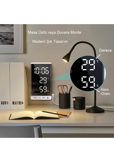 Upway 6 İnç Dijital Aynalı Led Ekran Masa Saati Alarm Sıcaklık Nem Usb Diğer