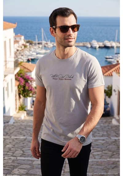 Buratti Pamuklu Slim Fit Bisiklet Yaka Yazılı Erkek T Shirt 541Enjoy Açık Gri