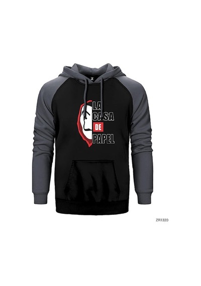 La Casa De Papel Half Face Kırmızı Renk Reglan Kol Sweatshirt / Hoodie