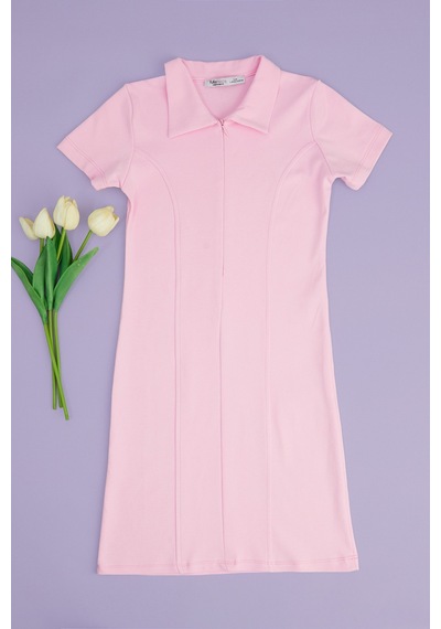 Fullamoda Basic Yarım Fermuarlı Polo Yaka Kız Çocuk Elbise Pembe
