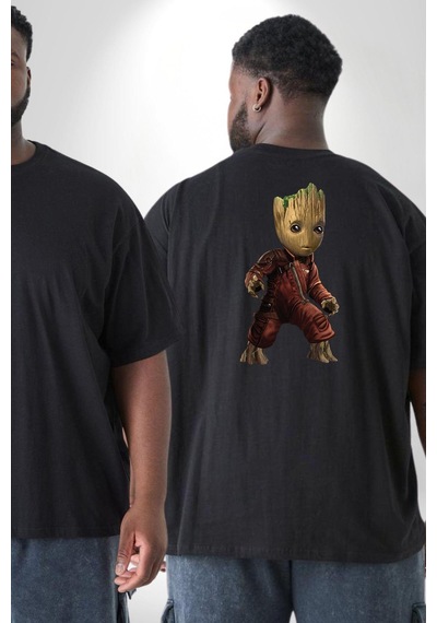 Angemiel Bebek Groot Guardians Galaxy Büyük Beden Siyah Tişört Kadın Erkek Ünisex Sırt Baskılı Siyah