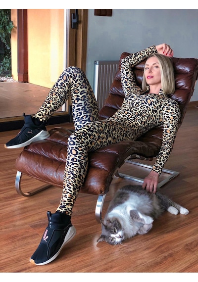 Lismina Sarı Leopar Desen Uzun Kollu Spor Tayt Tulum