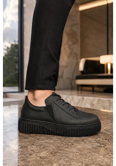 Mevese Dlob Erkek Bağcıklı Cilt Günlük Casual Spor Sneaker Ayakkabı - Siyah