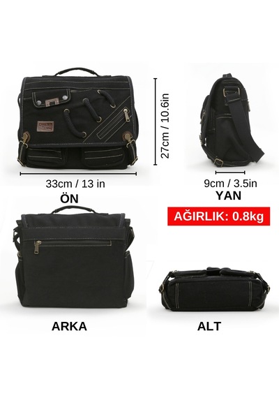 Cappadocia Vintage 4017 Siyah 14" Laptop Pamuk Gabardin Postacı Okul Çantası Unisex Kilitli Çok Cepli Omuz Askılı Siyah