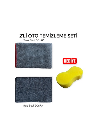 2'li Mikrofiber Oto Temizleme Bez Seti, Tank Bezi + Rus Bezi 50x70 Araç Yıkama Süngeri