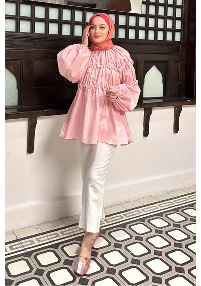 Unika Boutique Mini Çiçekli Kadın Tesetettür Gömlek Pembe