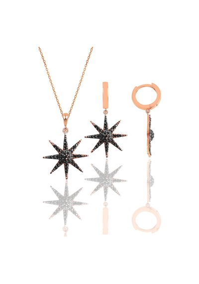 Gümüş Rose Onix Taşlı Güneş Kolye Ve Küpe İkili Set