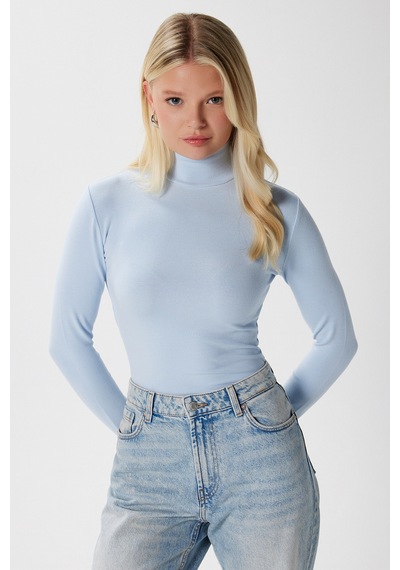 Ritnice Kadın Feel Lux Touch Dik Yaka Mavi Uzun Kol Soft Bluz Mavi