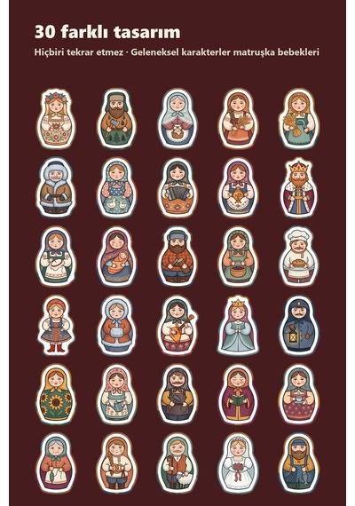 30 Adet Folklorik Matruşka Bebek Sticker Seti - Laptop, Defter, Ajanda Çok Renkli
