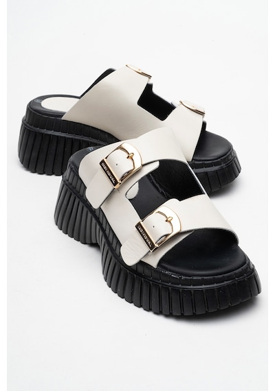 Luvishoes Luvi Shoes Joanes Ekru Cilt Hakiki Deri Çift Bantlı Kadın Dolgu Taban Terlik Ekru