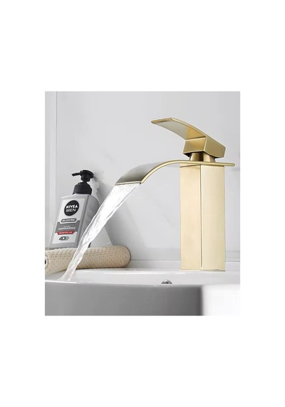 Rena Design Lavabo Bataryasi Mat Gold Şelale Kare Gövde Eğimli Havza Banyo Armatür Çift Giriş Musluk Lüks Ergo