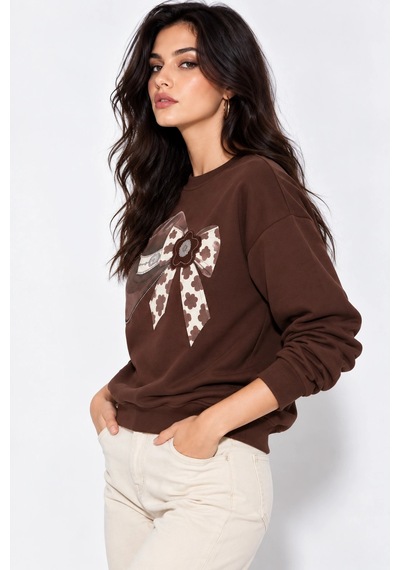 Mevese Kadın Taş İşlemeli Fiyonk Baskı Oversize Üç İplik Rahat Kesim Sweatshirt - Acı Kahve Kahverengi