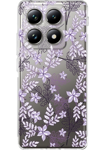 Xiaomi Mi 14t Pro İle Uyumlu Floral Lila Baskılı Kamera Korumalı Şeffaf Kılıf