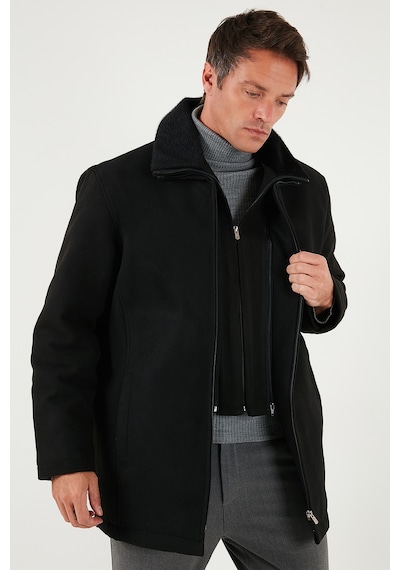 Buratti Slim Fit Çıkarılabilir Tüylü Yaka Detaylı Astarlı Kaşe Erkek Kaban 58400217 Siyah
