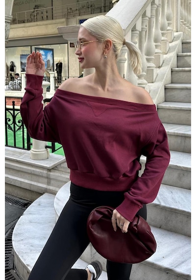 Madmext Bordo Kayık Yaka Kadın Sweatshirt Mg2239 Bordo