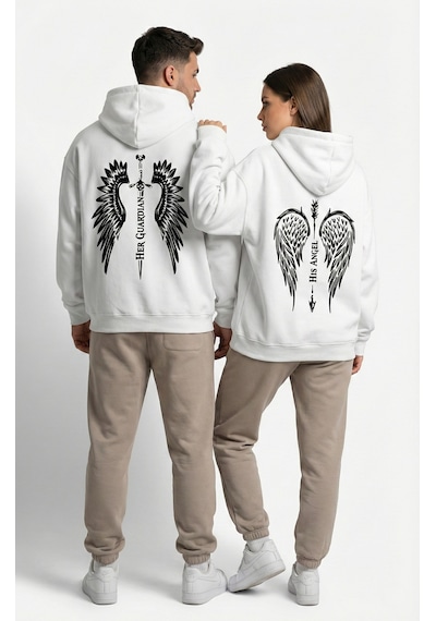 Nevermind Unisex His Angel & Her Guardian Baskılı Sevgili Kombini Hoodie Se Beyaz