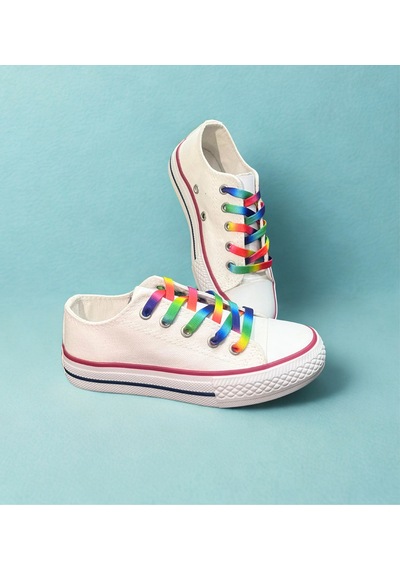 Gökkuşağı Bağcıklı, Beyaz Kısa Spor Ayakkabı, Sneaker Beyaz-gökkuşağı