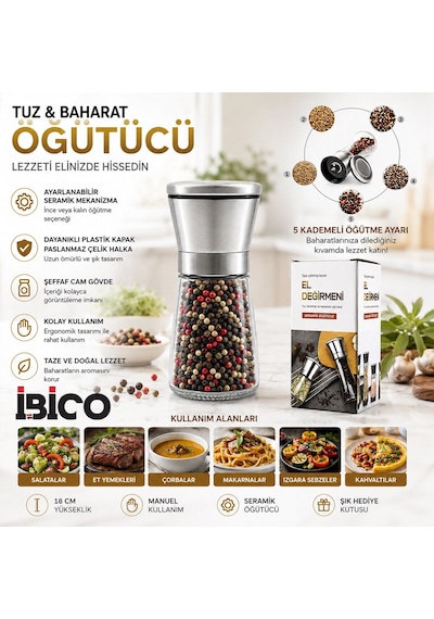 Seramik Öğütücülü 5 Kademe Ayarlı Tuz Ve Karabiber El Değirmeni - 180 Ml Şeffaf Cam Hazne 13 Cm Çok Renkli