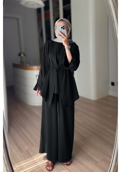 Ka Hijab Kol Detaylı Dökümlü Üçlü Takım - Siyah