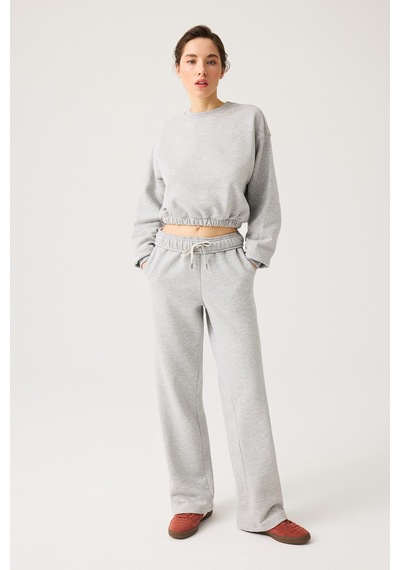 Los Ojos Gri Melanj Geniş Kalıp Beli Büzgülü Crop Sweatshirt Cropped Pullover Gri Melanj Gri Melanj