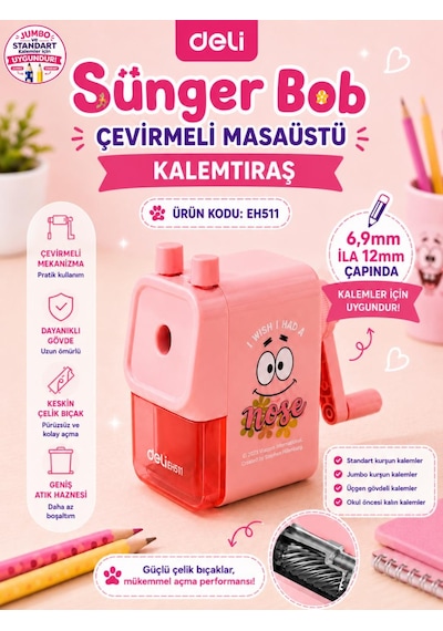 Deli Eh511 Spongebob Lisanslı Masaüstü Kalemtıraş Pembe Jumbo Ve Standart Kalem Uyumlu