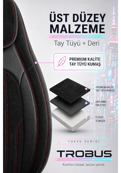 Fiat Albea 2002-2012 Bel Destekli Tay Tüyü Koltuk Kılıfı Tokyo Serisi Siyah Kırmızı