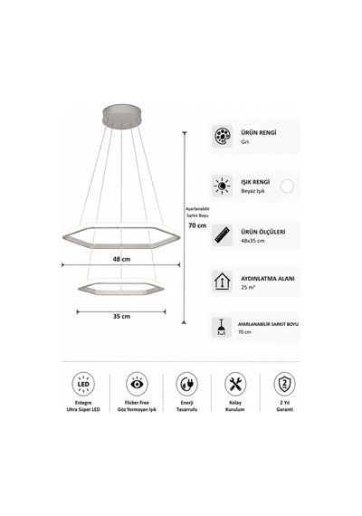 AvizeGO Ares 2'li Led Sarkıt Avize Beyaz Işık Gri