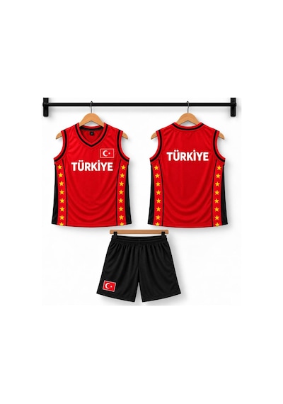 Sonvadi Çocuk Basketbol Forması Türkiye Armalı Kırmızı-siyah 3 Parça Çorap Kırmızı