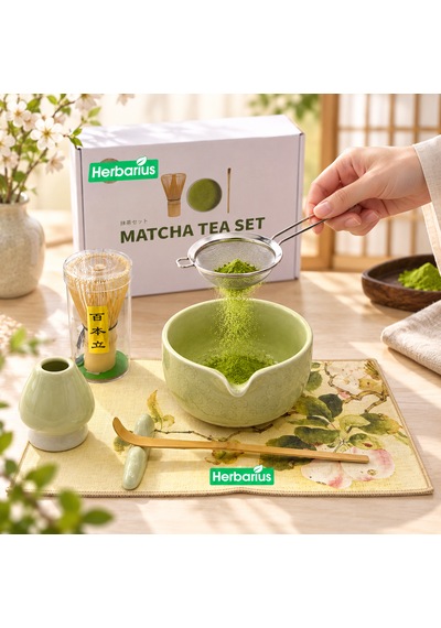 Herbarius 8 Parça Çiçek Desenli Balık Sırtı Kabartmalı Açık Adaçayı Yeşili Renk Matcha Çayı Hazırlama Seti - Geleneksel Japon Matcha Seti