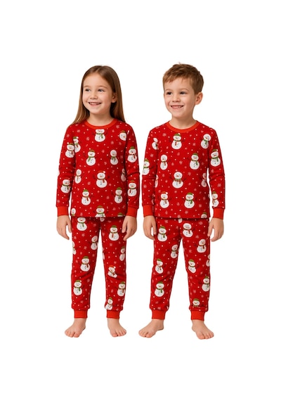 Zuzunga Unisex Yılbaşı Kardan Adam Desenli Çocuk Pijama Takımı Lacivert