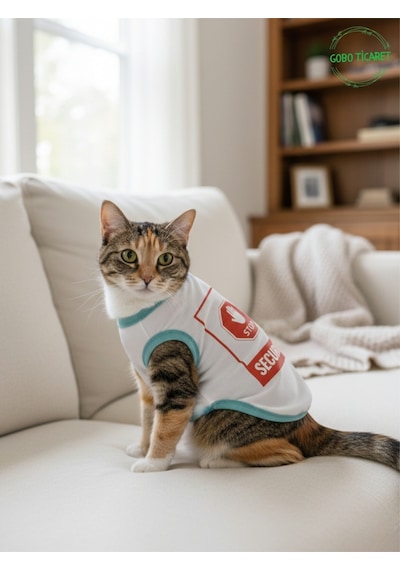 Beyaz Stop Security Güvenlik Baskılı Kedi Ve Köpek Kıyafeti Tişörtü Elbisesi Xsmall/xs/beden 0