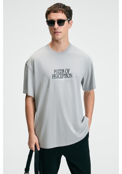 Grımelange FEAST Erkek %100 Pamuk Oversize Fit Baskılı Kısa Kollu Yuvarlak Yakalı Açık Gri T-Shirt