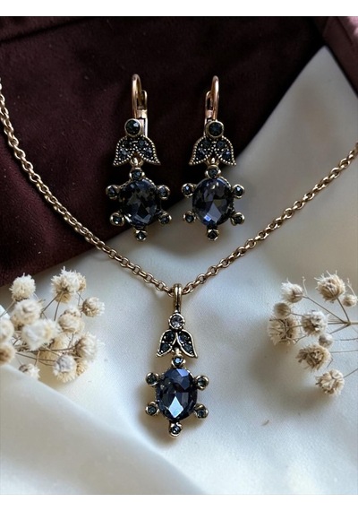 Oval Kristal Taşlı Kolye Ve Küpe Seti Gri