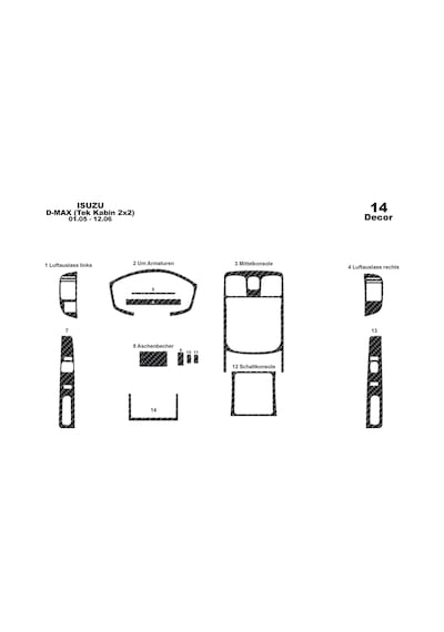 Isuzu D Max Tek Kabin 2x2 Torpido Kaplama 2005-2006 14 Parça Karbon
