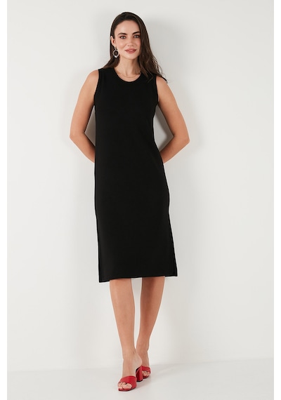 Lela Regular Fit Bisiklet Yaka Yırtmaç Detaylı Basic Midi Bayan Elbise 5866160 Siyah