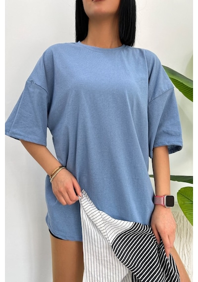 Startmore Unisex Pamuk Bisiklet Yaka Oversize T-shirt Bebe Mavisi