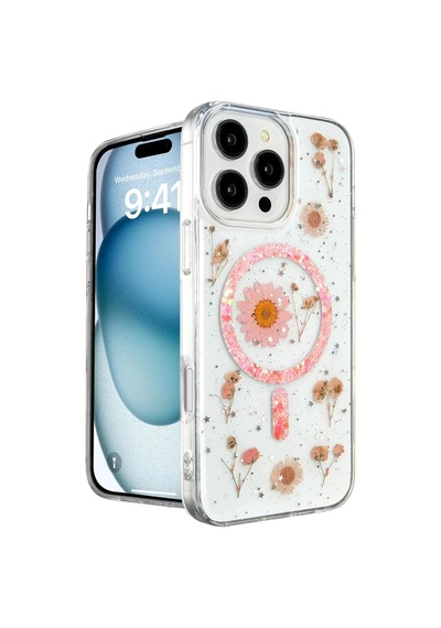 Newface Apple İphone 16 Pro Max Kılıf Daisy Simli Magsafe Kapak - Pembe