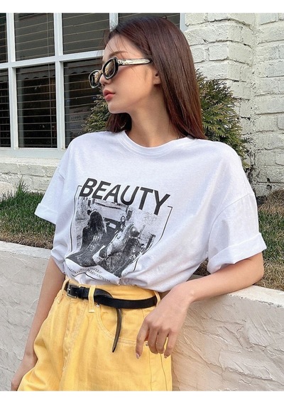Unisex Beyaz Beauty Baskılı Oversize Bisiklet Yaka T-shirt 001