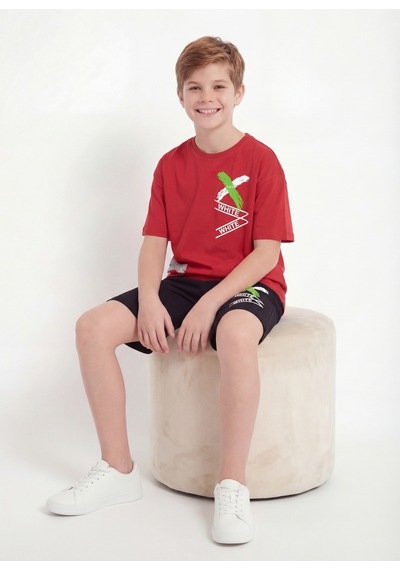 Panios Kids X White Baskı Detaylı Yuvarlak Yaka Yazlık Erkek Çocuk Alt Üst Takım Kırmızı