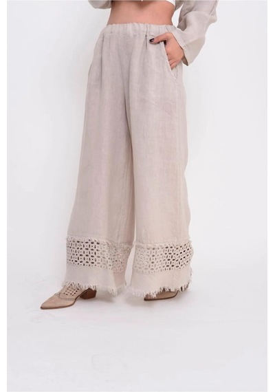 Bohem Stil İtalyan Fisto Detaylı Keten Pantolon-8748 Bej