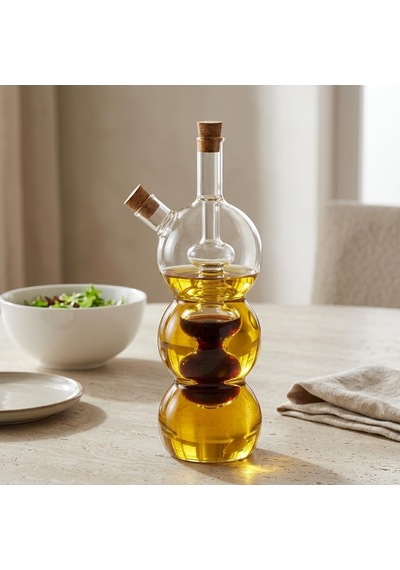 Borosilikat Cam Yağlık Ve Sirkelik 320 Ml, Çift Hazneli 2 Si 1 Arada Şişe, Mantar Tıpalı Şeffaf Boğumlu Model, Yağ Ve Sirkeyi Ayrı Saklama Çok Renkli
