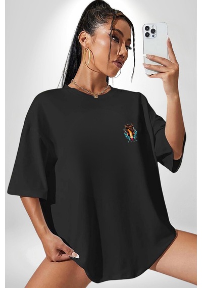 At Kafası Renkli Siyah Oversize Unisex Ön Sol Yan Minimal Baskılı Tişört Koyu Siyah