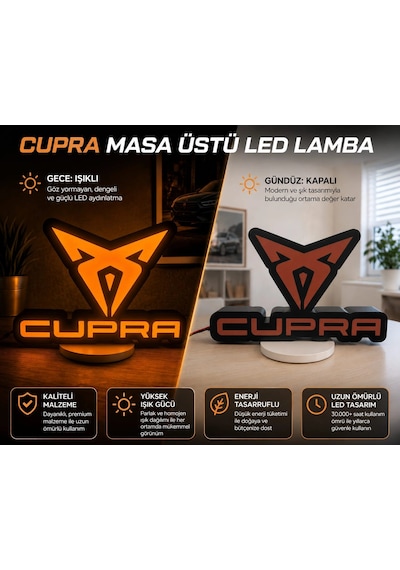 Cupra Masa Lambası , Cupra Logolu Led Işıklı Masa Lambası , Cupra Gündüz Gece Masa Lambası Siyah