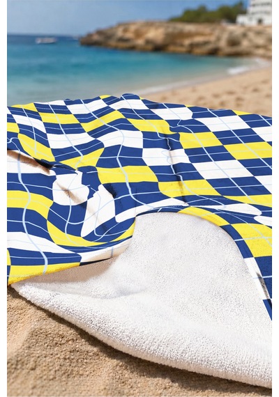 Ekose Geometrik Desenli Plaj Havlusu - Modern Sarı Lacivert Beyaz Hızlı Kuruyan Mikrofiber Havlu Eski Ada