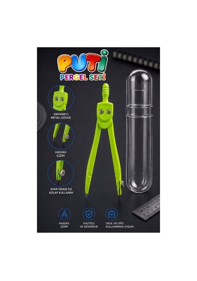 Yeşil Metal Pergel 1 Adet Puti 1574 Koruma Kutulu Metal Pergel Grafit Uçlu Mekanik Pergel Matematik Teknik Mimari Çizim