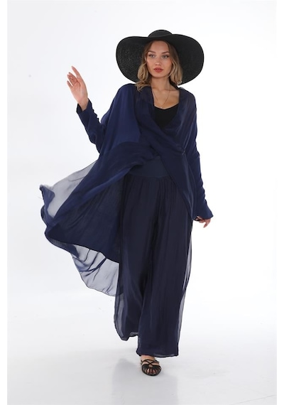 Bohem Stil Italyan Ipek Detaylı Oversize Kap Bluz- Wes Pantolon Takım-8789 Lacivert