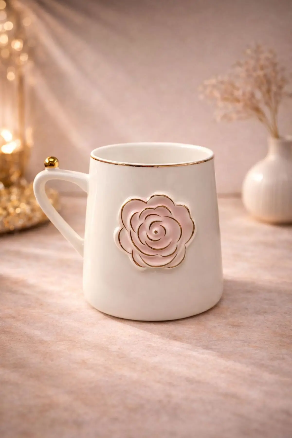 Acar Beyaz Porselen Lüks Dekor Gül Kahve Meşrubat Çay Bardağı Bardak Kupa 220ml Açık Pembe