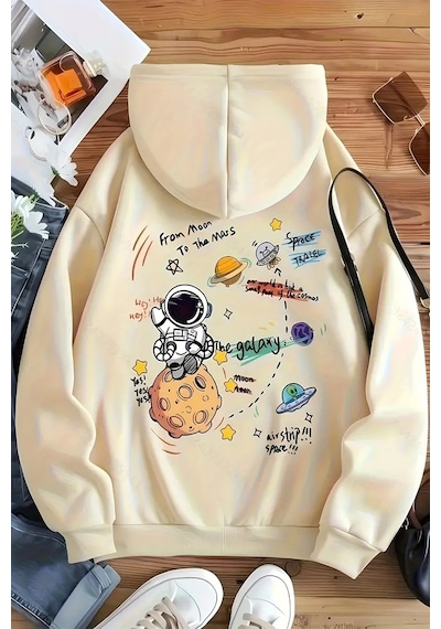 The Galaxy Baskılı Oversize Sweatshirt Bej