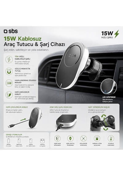 Sbs 15w Magsafe Araç İçi Kablosuz Şarjlı Telefon Tutucu Geri Çekilebilir Usb-c Kablo Havalandırma Izgarası İphone & Android Uyumlu Beyaz Sbs 15w Magsafe Araç İçi Kablosuz Şarjlı Telefon Tutucu Geri Çekilebilir Usb-c Kablo Havalandırma Izgarası İphone & Android Uyumlu Beyaz