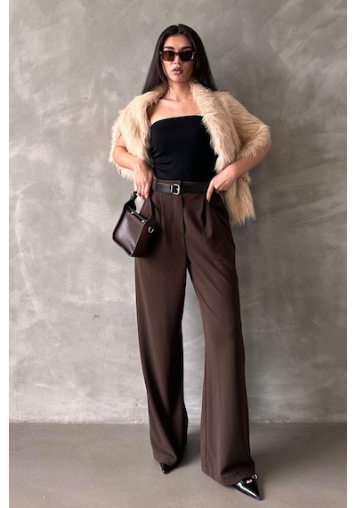 Kahverengi Çift Pileli Kemerli Pantolon Mg2330 Kahverengi